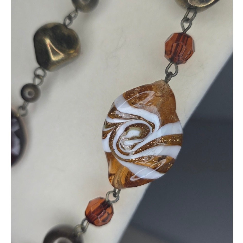 Long Unbranded Blown Glass Bead Necklace Sparkle Art Glass Brown Bronze Tone - Picture 2 of 11